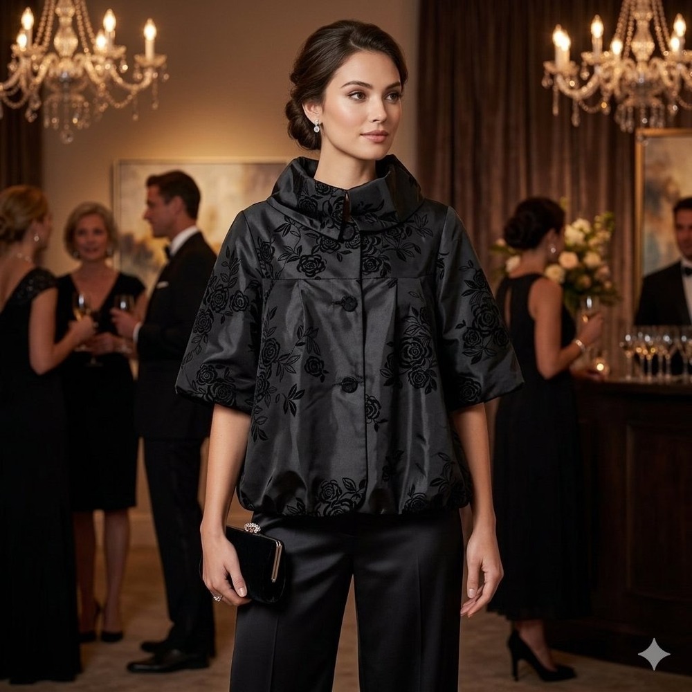 Lindi Black Floral Jacquard Evening Jacket Funnel Neck Bubble Hem Satin - Size L